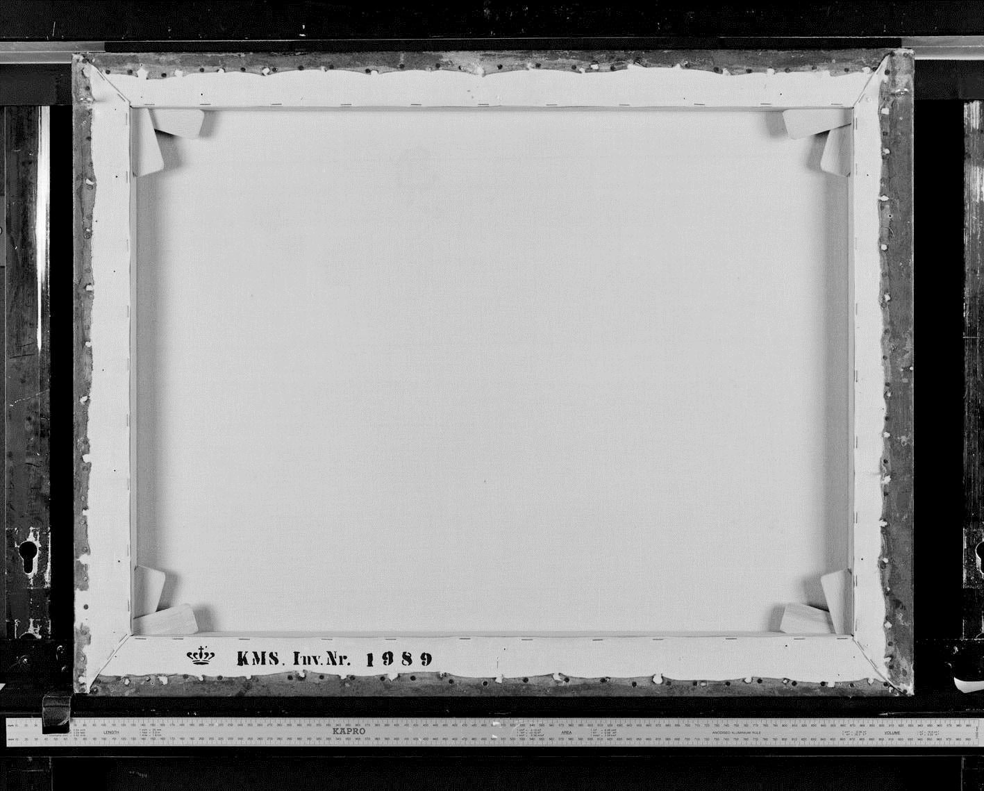 KMS 1989, a depiction of the reverse of a framed painting, photographed in the Statens Museum, Copenhagen 348 years after it was painted, and reproduced here at 56.25% of its original size.