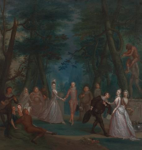 Scene in a park, with figures from the Commedia dell'Arte