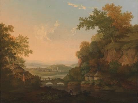 A River Scene with Thatched Huts by a Bridge  over a Weir