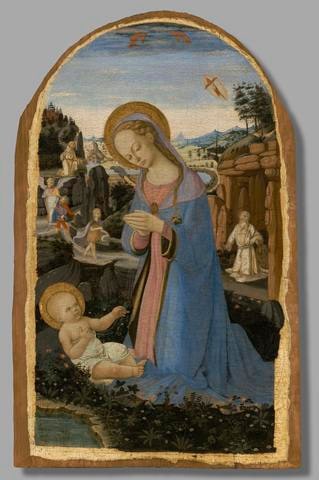 The Adoration of the Christ Child with the Stigmatization of Saint Francis, Tobias and the Archangel, Saint John the Baptist Entering the Wilderness, and the Penance of Saint Jerome