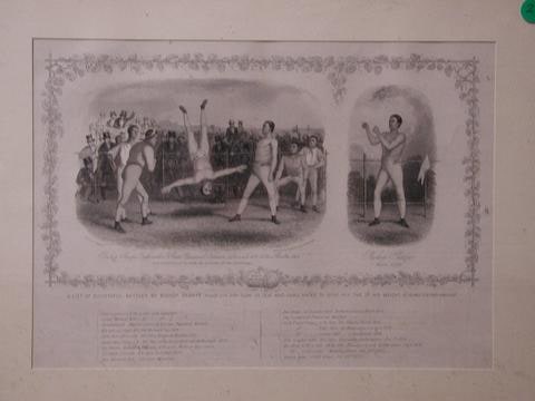 Bishop Sharpe, Born 1794 and Bishop Sharpe's fight with J. Street (Greenwich Coachman) ? a side 100r. 1h. 45m. Charlton 1819 and caus'd him to rise in the Air as shown in this engraving. A list of successful battles by Bishop Sharpe. Weight 10st.