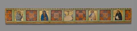 Predella: Saint Francis, the Mourning Virgin Mary, Christ on the Cross, the Mourning Saint John the Evangelist, and Saint Dominic