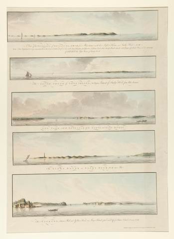 Five views from Atlantic Neptune Magazine: A View of the Highland of Neversunk . . .; The South Shore of Long Island . . .; New York . . .; The Lighthouse on Sandy Hook . . .; The Narrows . . .