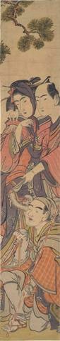 Oshun and Dembei playing with the monkey on Yojirō's shoulder