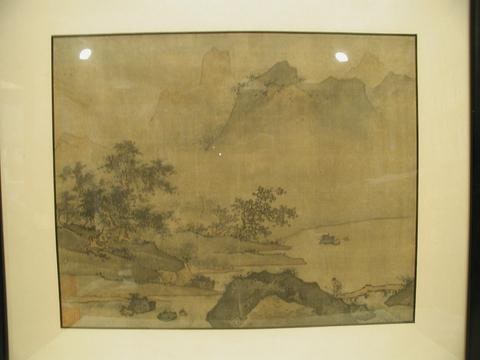 Landscape with travelers crossing a bridge over mountain brook