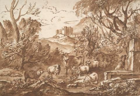 Cattle in a watering place near a fountain