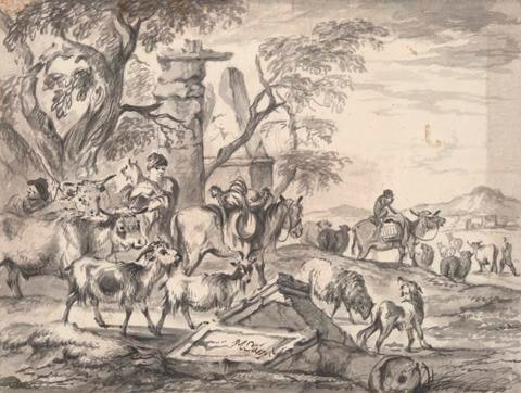 Cattle and shepherds near ruins
