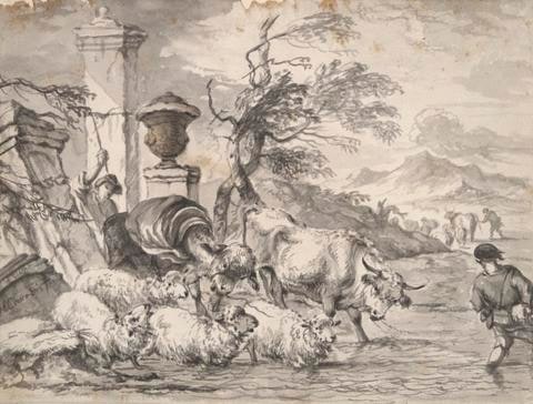 Cattle wasing through a flooded stream