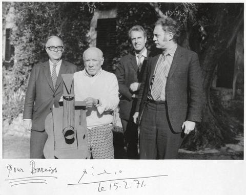 Walter Bareiss (then acting director of the Museum of Modern Art) with Pablo Picasso, Ernst Beyeler, and William Rubin, on the occasion of Picasso's gift of his "Guitar" construction to the MoMA, Spring 1969