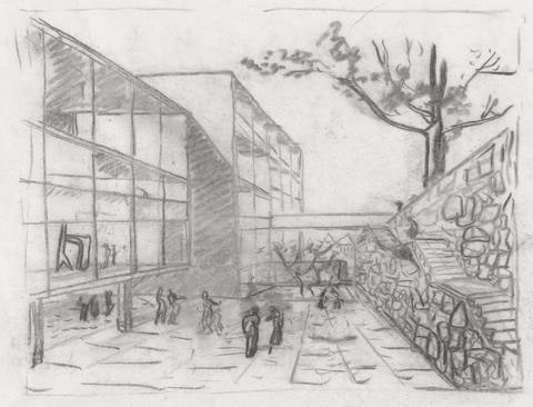 Exterior perspective of garden façade and court of Yale University Art Gallery addition (view from northeast)