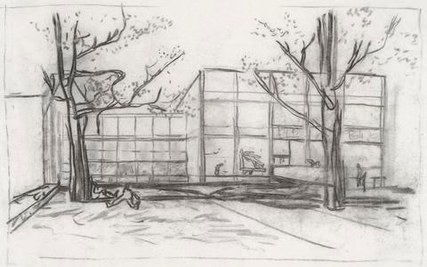 Exterior perspective of garden façade and court of Yale University Art Gallery addition (view from north)