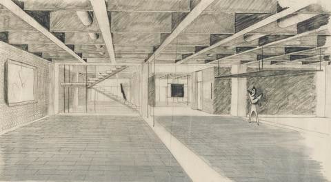 Interior perspective of galleries and interior core of Yale University Art Gallery addition (view from east)