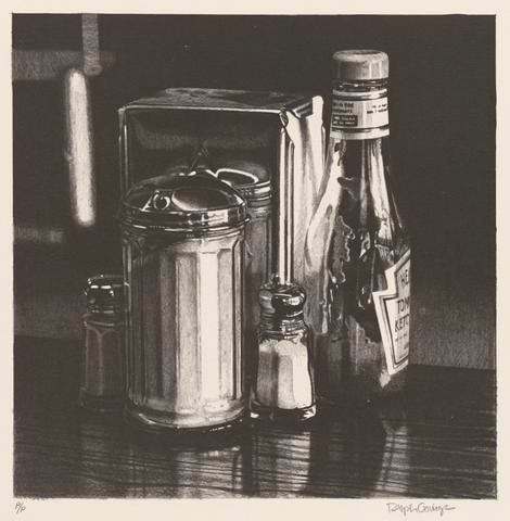 Untitled [sugar, salt, pepper, and napkin dispensers, ketchup bottle]