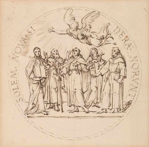 Design for a Papal Medallion for the Canonization by Clement X of Saint Pius, Saint Gaetano dei Conti di Thiene, Saint Francis Borgia, S. J., Saint Louis Bertrand, O.P., and Saint Margaret Q(ueen) of Scotland