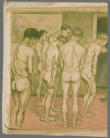 Untitled [Nude men in front of an officer]