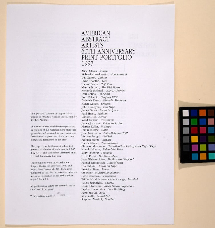 Colophon for American Abstract Artists 60th Anniversary Print Portfolio 1997
