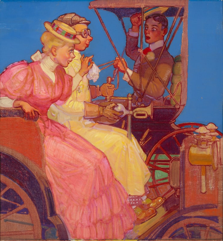 Couple in automobile and man in horse-drawn carriage