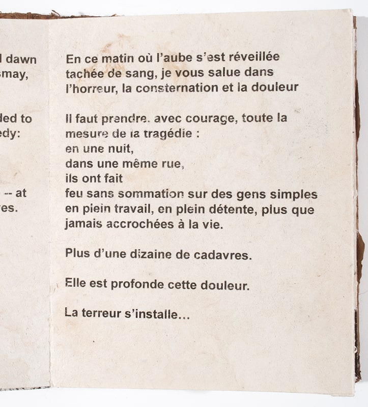"En ce matin où l’aube s’est réveillée/tachée de sang, je vous salue dans"