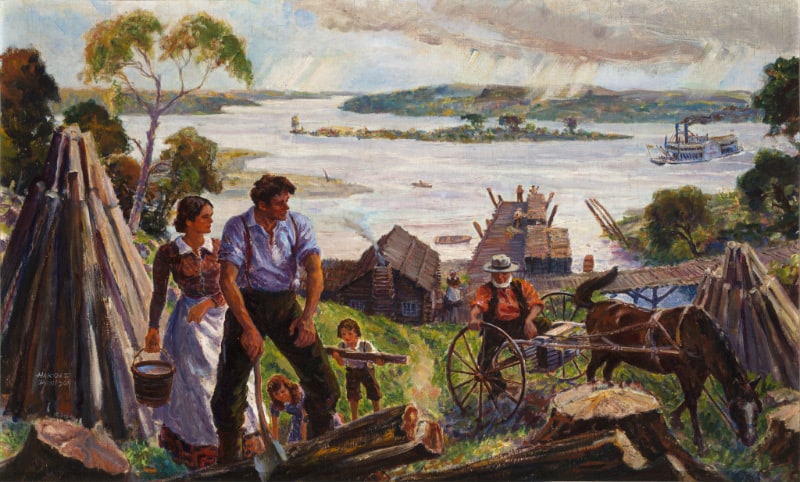 Frontier scene with family, log buildings, horse-drawn cart, and steamboat