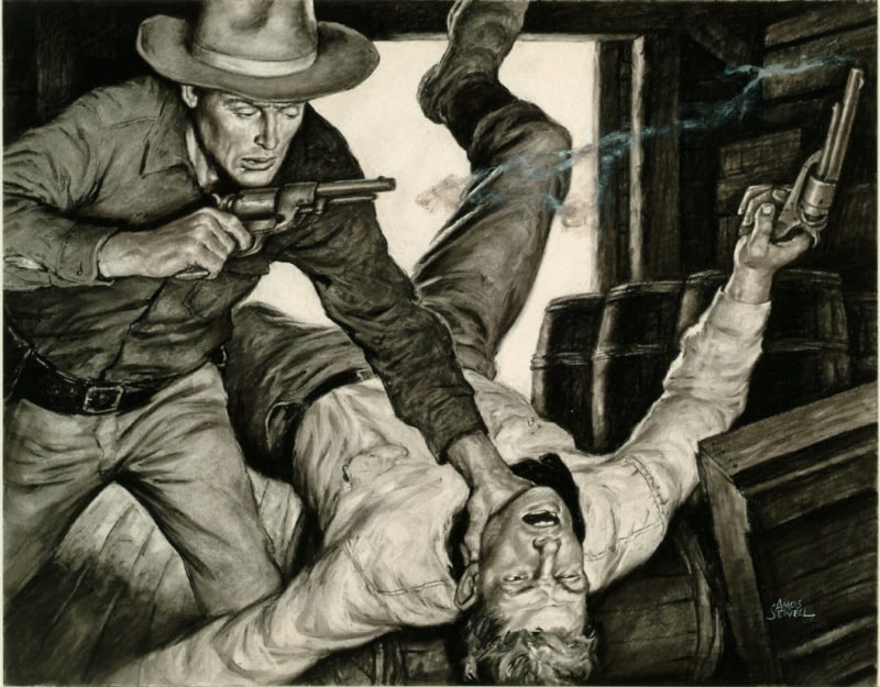 Western scene of man with gun choking man on floor