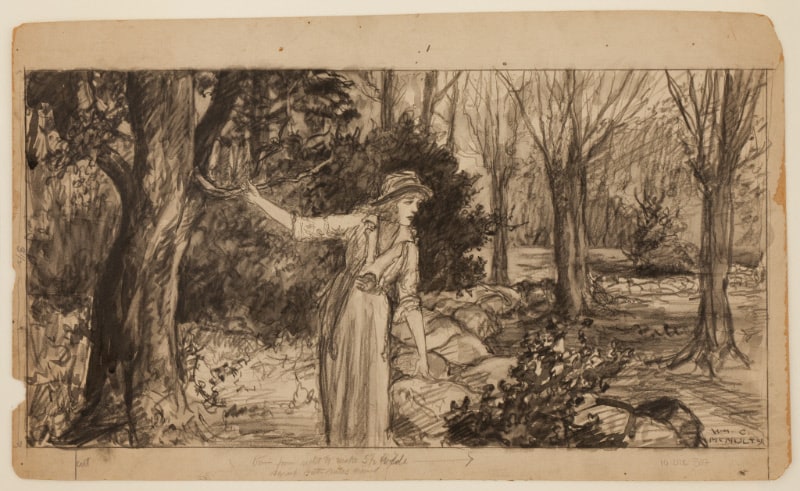 Young woman standing in landscape, holding tree branch