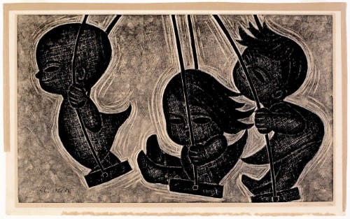 Three Children Playing on Swings