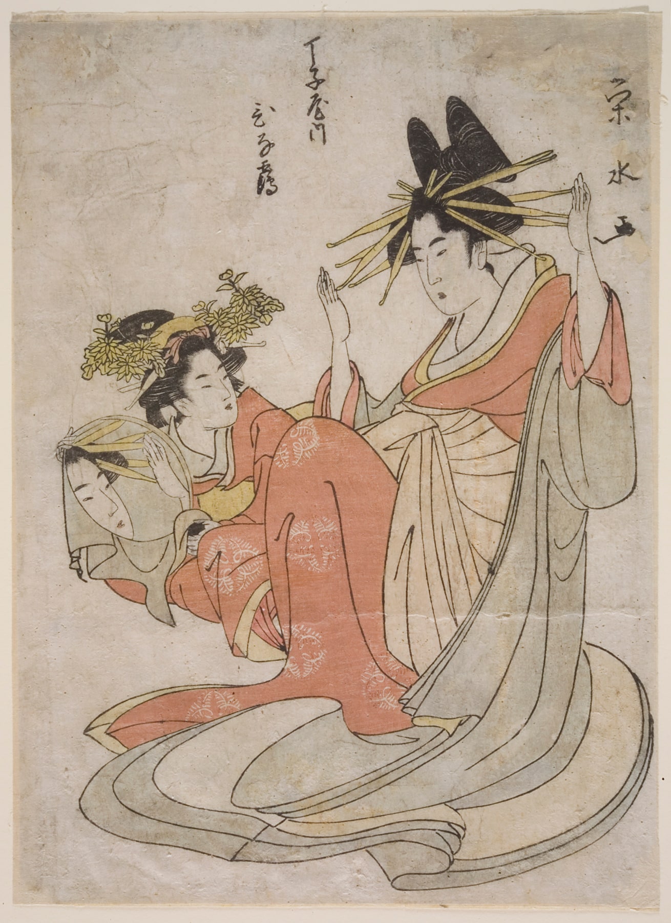 Chōjiya uchi Hinazuru (The courtesan Hinazuru of Chojiya adjusting her hairpins in a mirror held by kamuro)