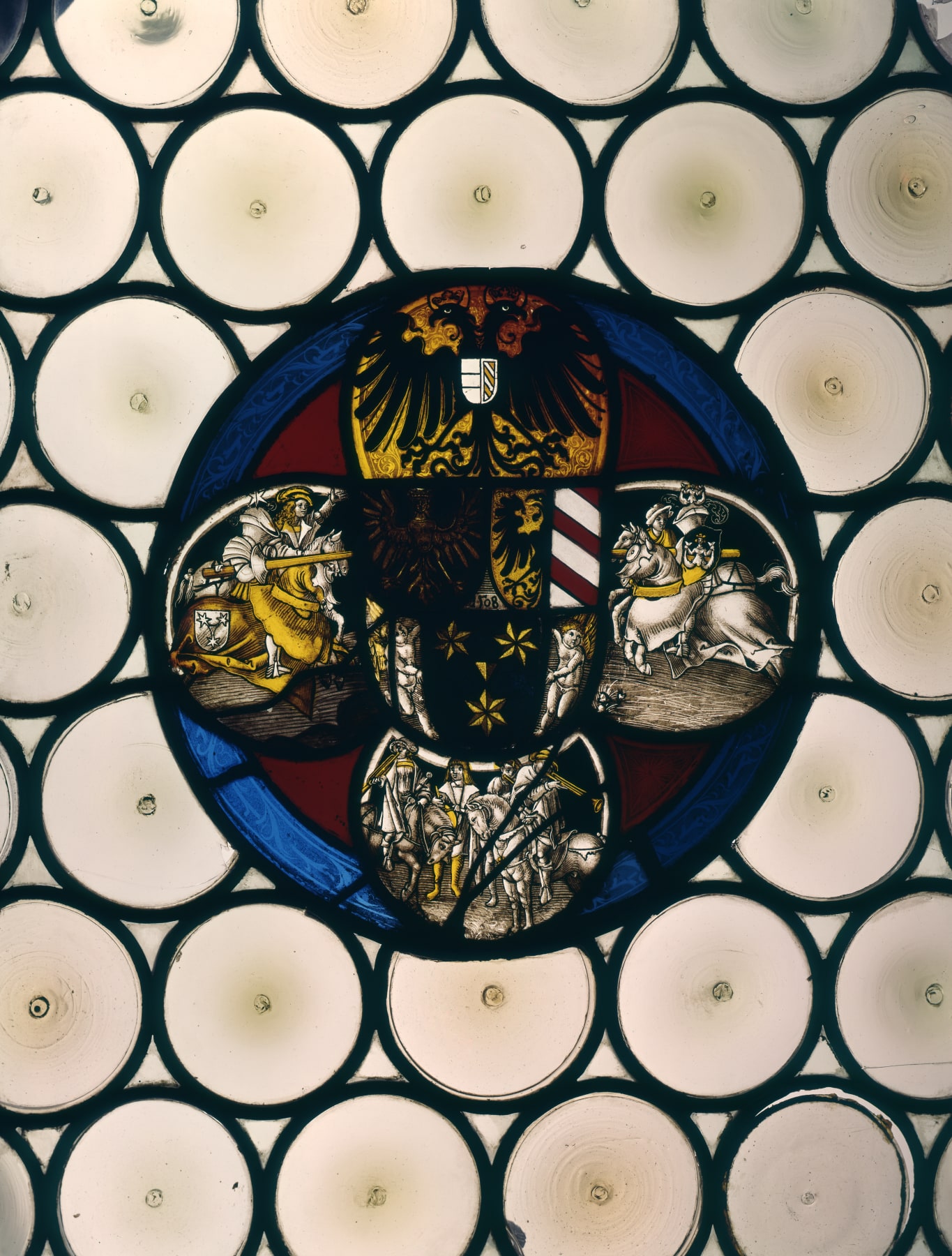 Stained Glass Roundel with Jousting Scenes