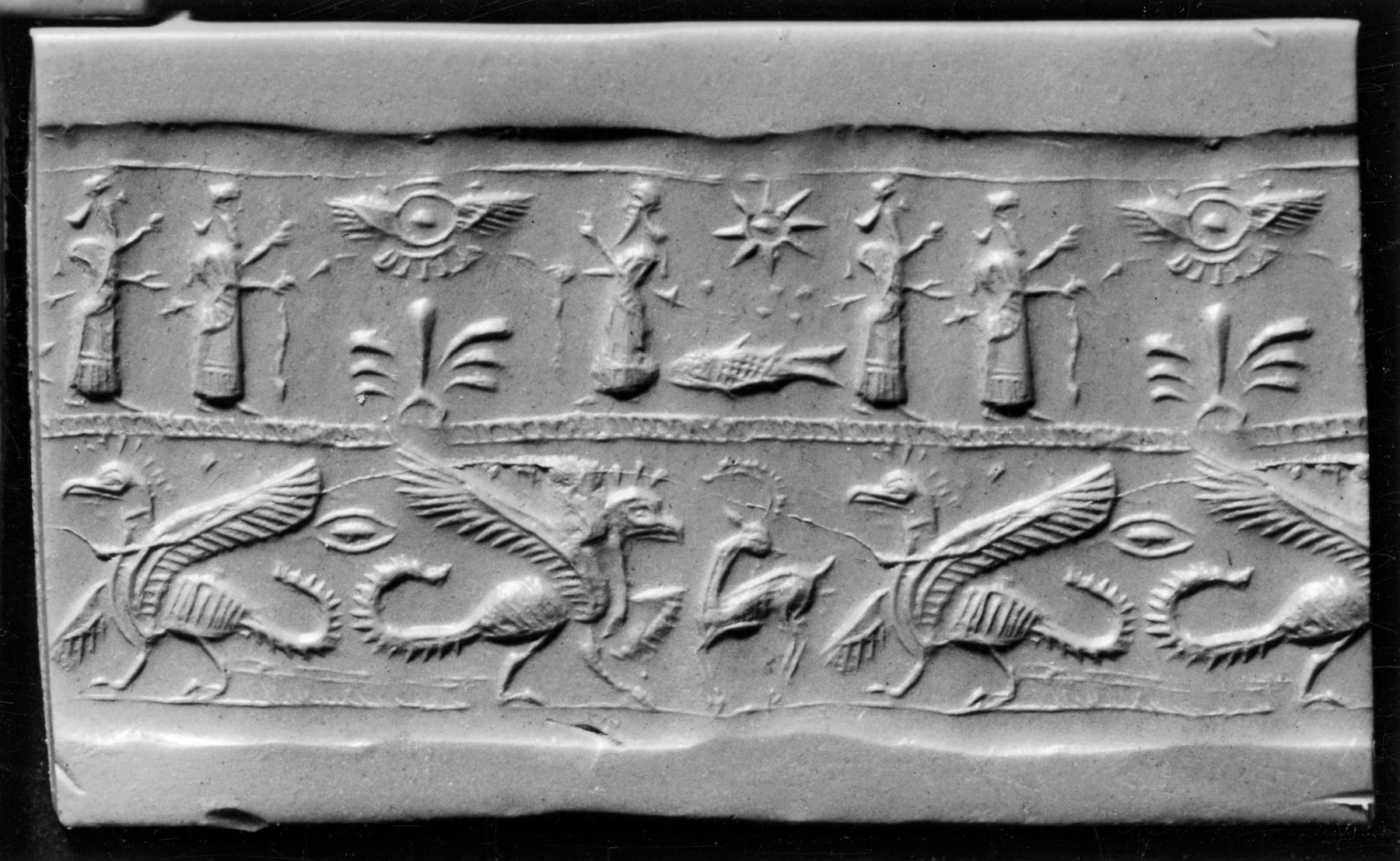 Cylinder Seal with Griffins, Humans and a Winged Disk
