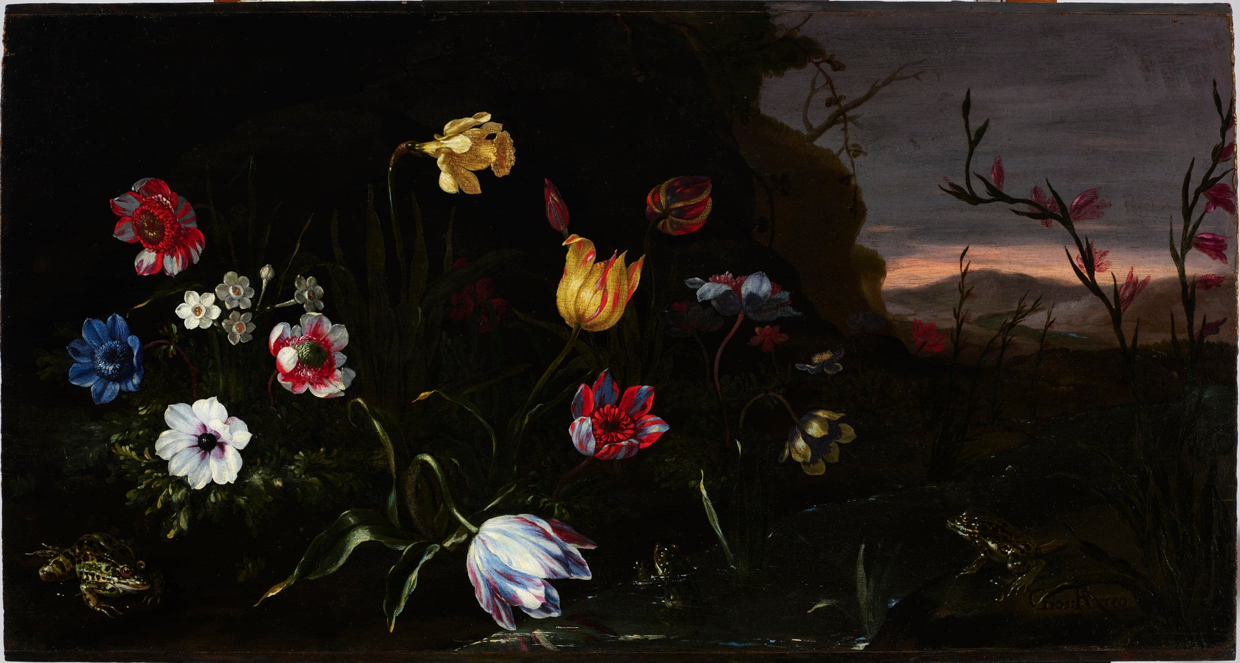 Flowers by a Pond with Frogs