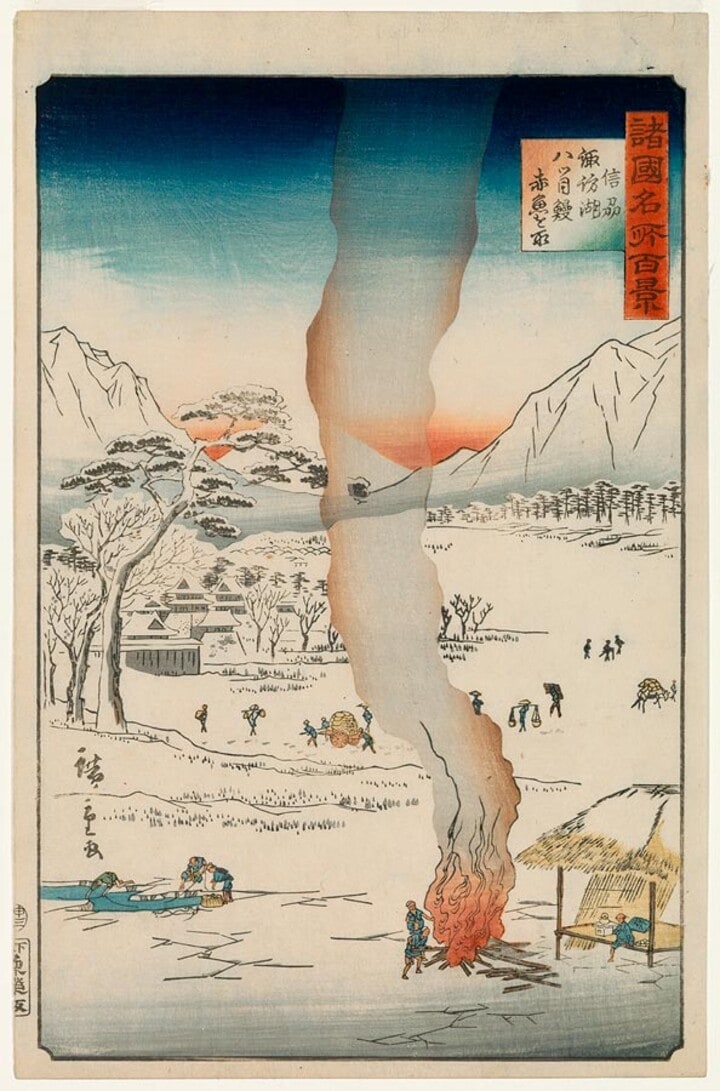Fishing at Lake Suwa in Winter, Shinano Province, from One Hundred Famous Views of the Provinces