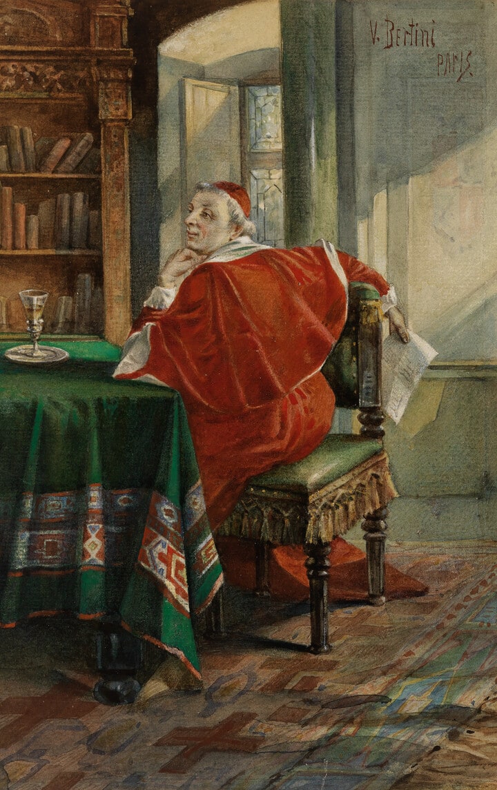 Cardinal in his study with glass of wine