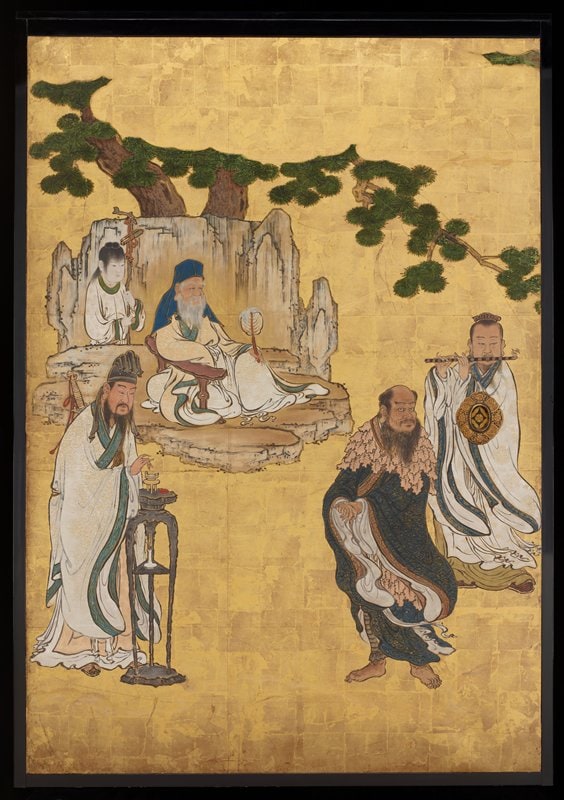Old Man of the Southern Pole (under tree), Lü Dongbin (left), Zonglin Quan (center), Xue Shenwong (right) [center left of the set Daoist Immortals]