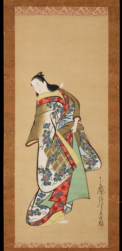 Standing courtesan wearing a kimono decorated with morning glories on a trellis