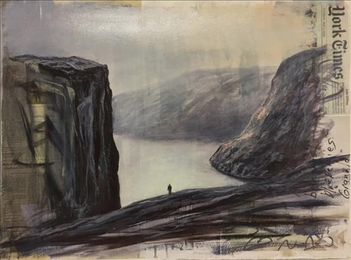 Man and Fjord on Newspaper and Shopping Lists