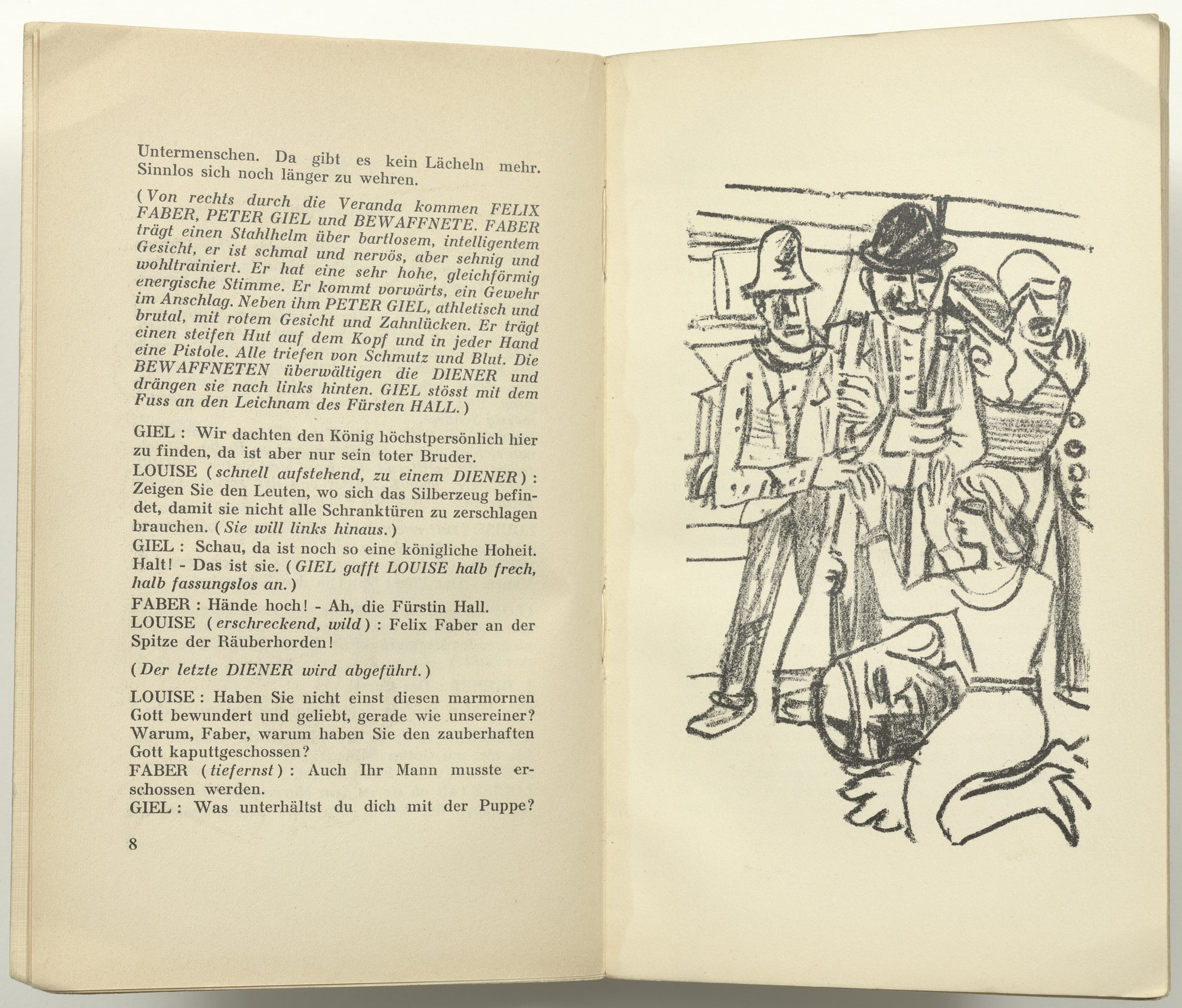 Illustration for Scene 1 (plate facing page 8) from Der Mensch is kein Haustier (Man Is Not a Domestic Animal)