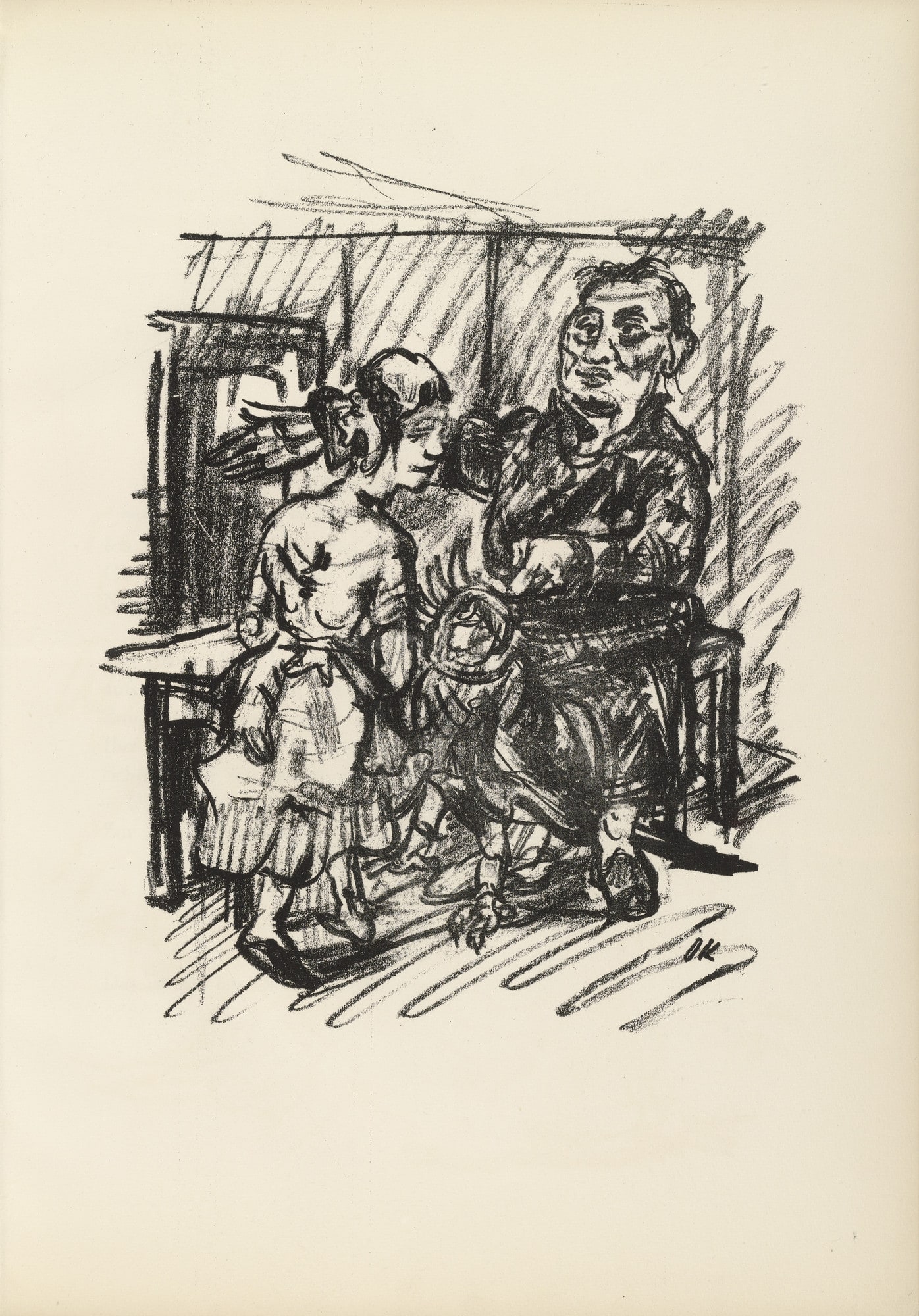 Job, Chambermaid and Parrot (Hiob, Kammerjungfrau und Papagei) (plate, page 7) from Hiob (Job)
