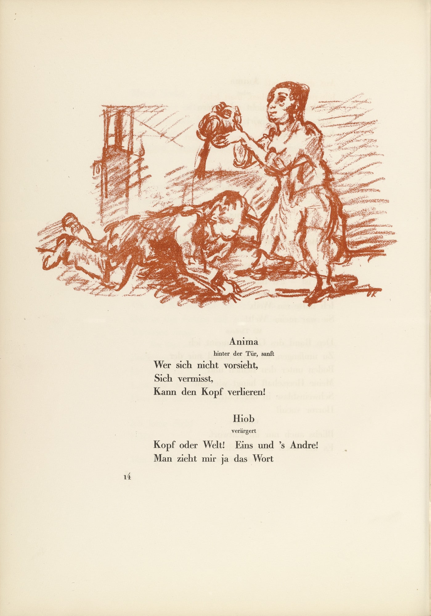 Job Before Anima's Door (Hiob vor der Türe Animas) (in-text plate, page 14) from Hiob (Job)