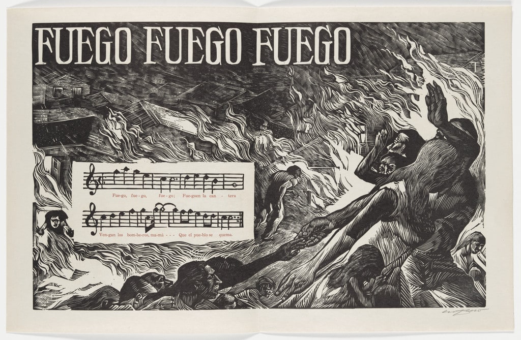 Fuego Fuego Fuego (Fire Fire Fire) (double page in-text plate, folios 27 verso and 28) from Plenas