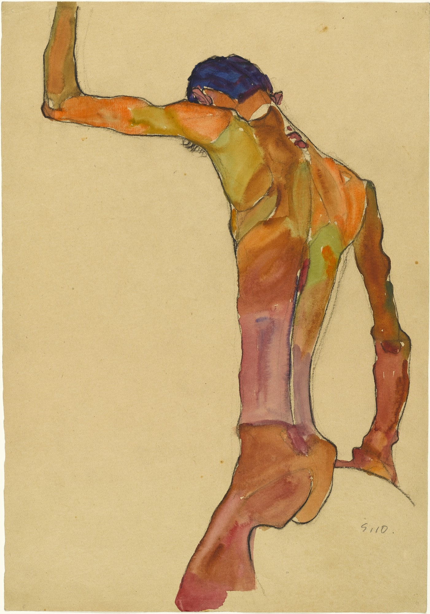 Standing Male Nude with Arm Raised, Back View