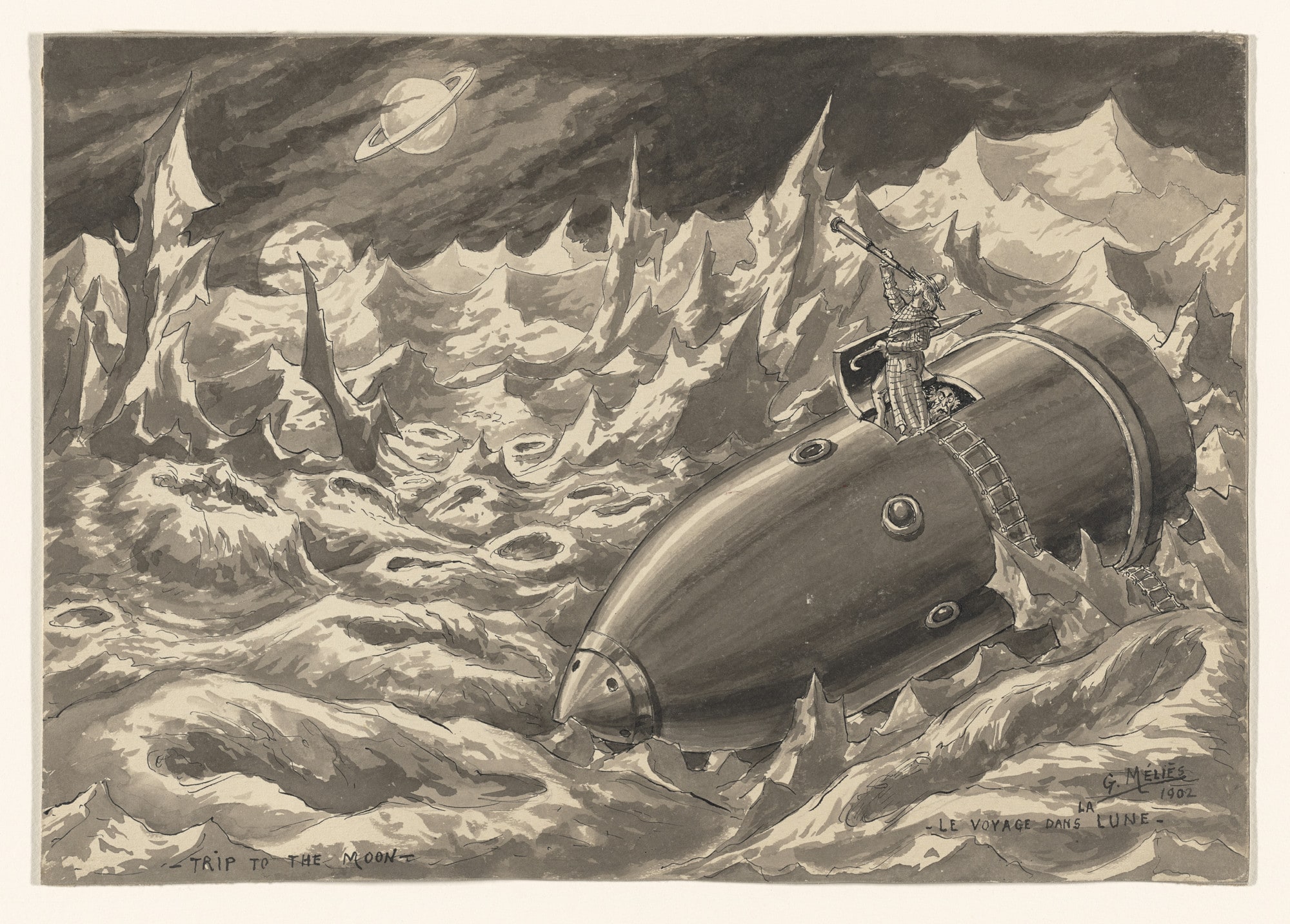 Drawing of Scene 10: Flight of the Rocket Shell into the Moon. Appearance of the Earth From the Moon of the 1902 film A Trip to the Moon (Le Voyage dans la lune)