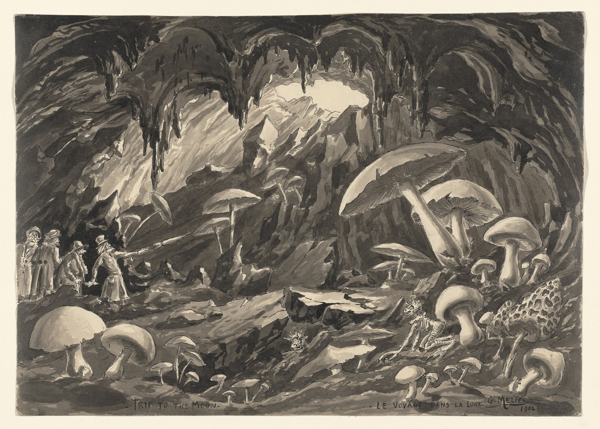 Drawing of Scene 15: In The Interior of The Moon. The Giant Mushroom Grotto of the 1902 film A Trip to the Moon (Le Voyage dans la lune)