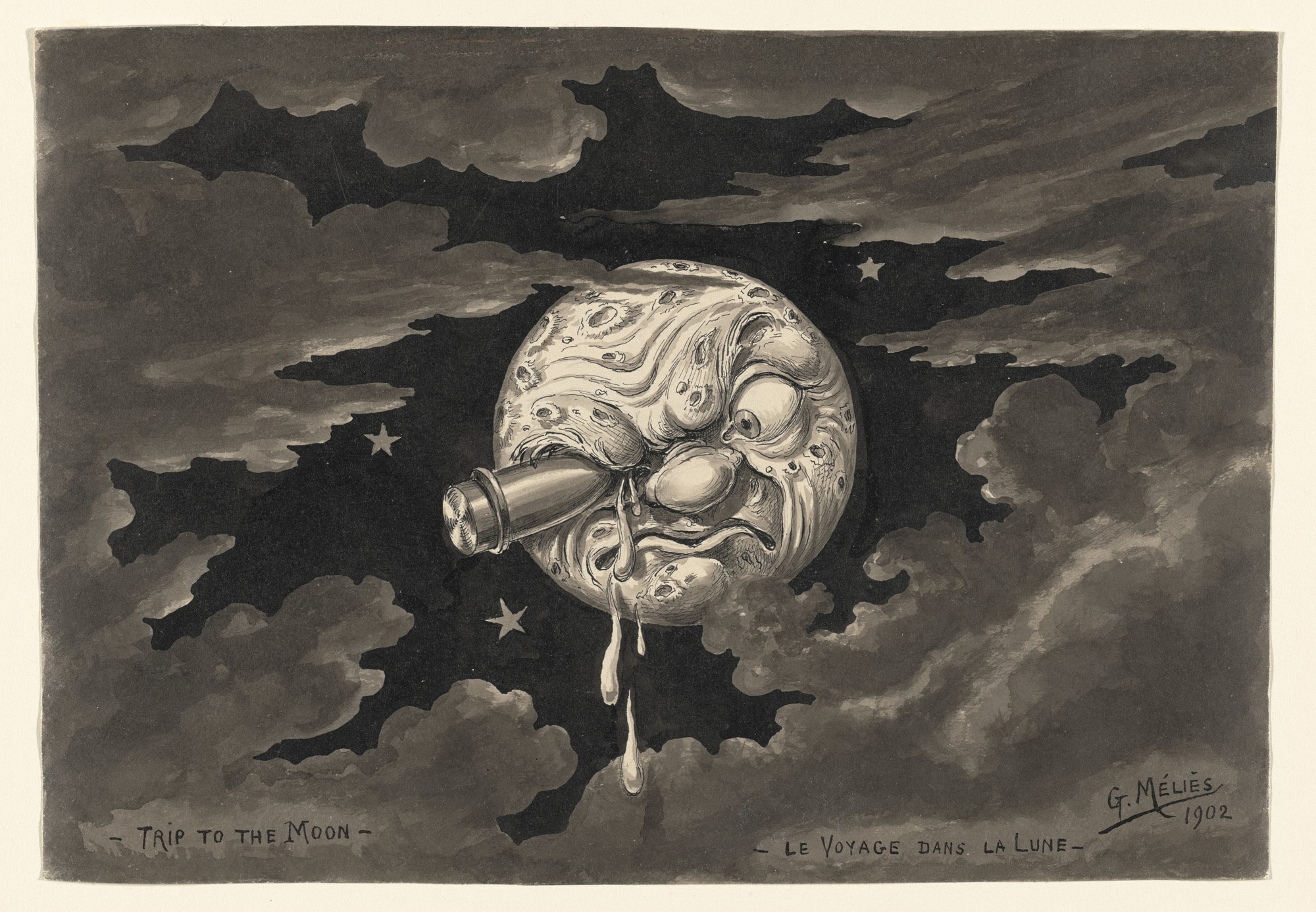 Drawing of Scene 9: Landing Right in the Moon's Eye!!! of the 1902 film A Trip to the Moon (Le Voyage dans la lune)