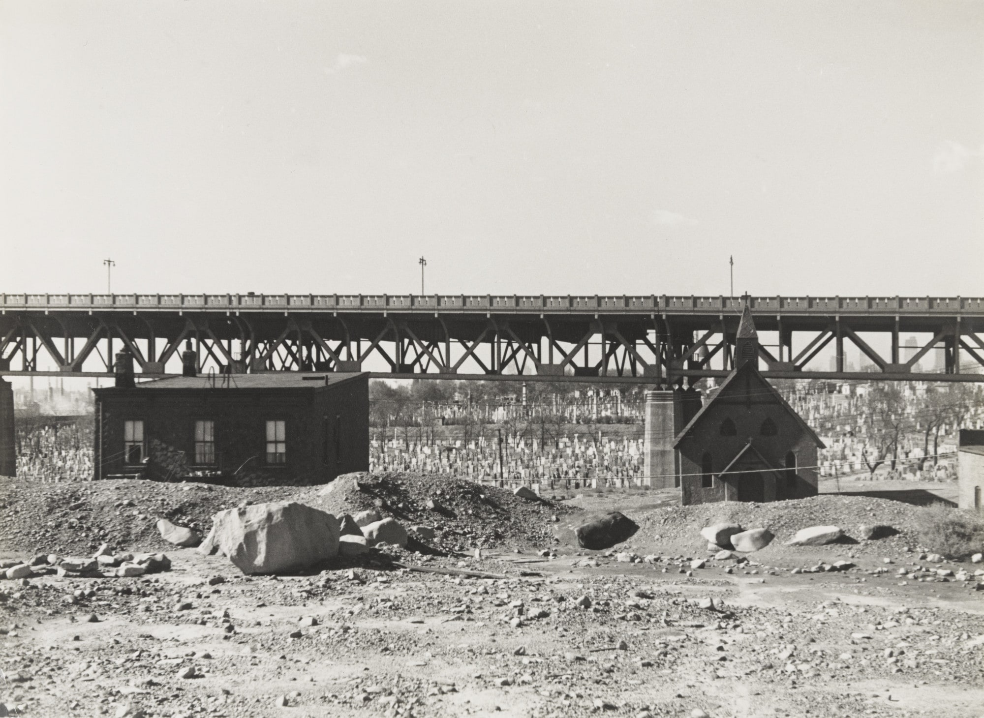 Laurel Hill, Queens. (cemetery in background, two buildings)