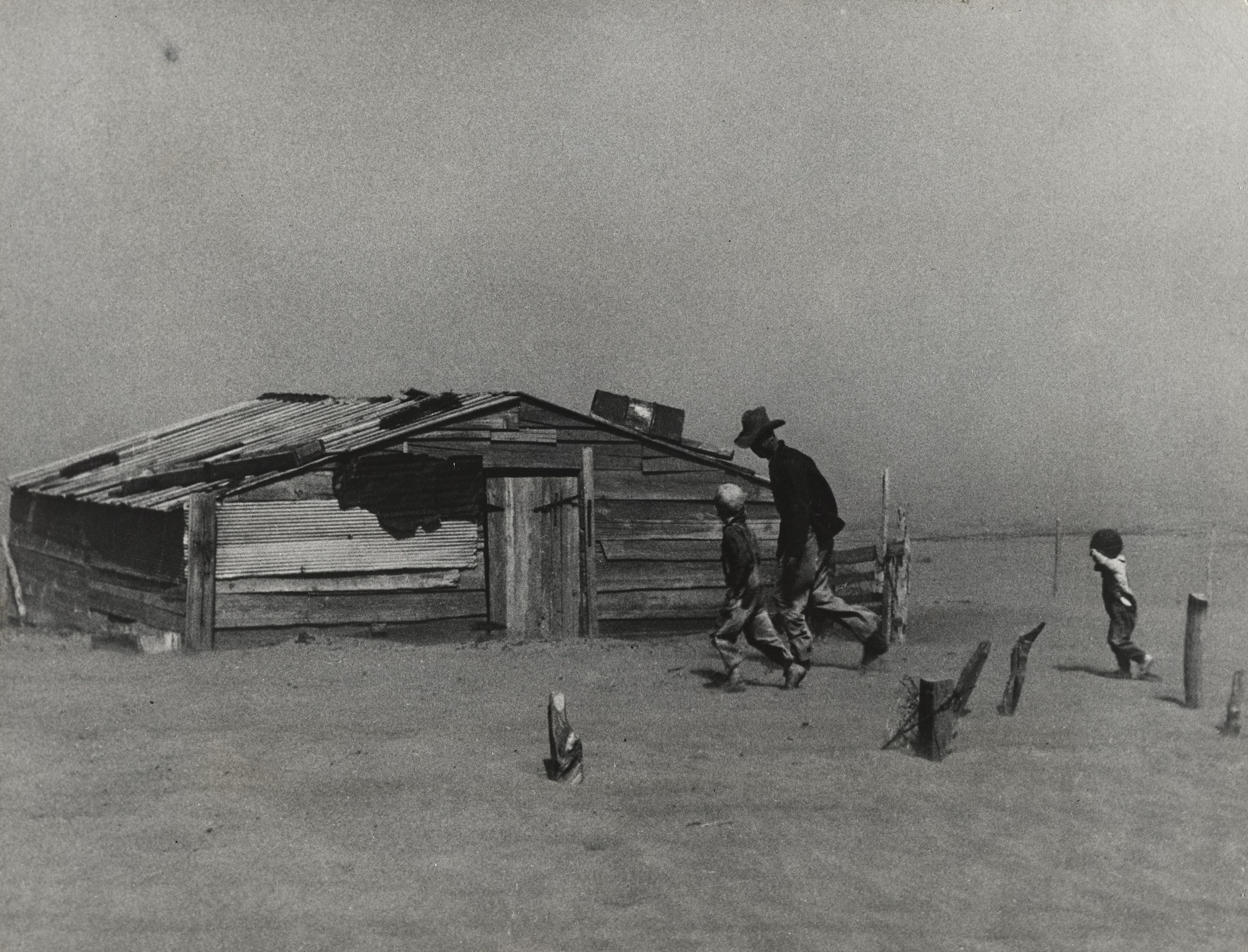 Farmer and Sons Walking in Dust Storm, Cimarron County, Oklahoma