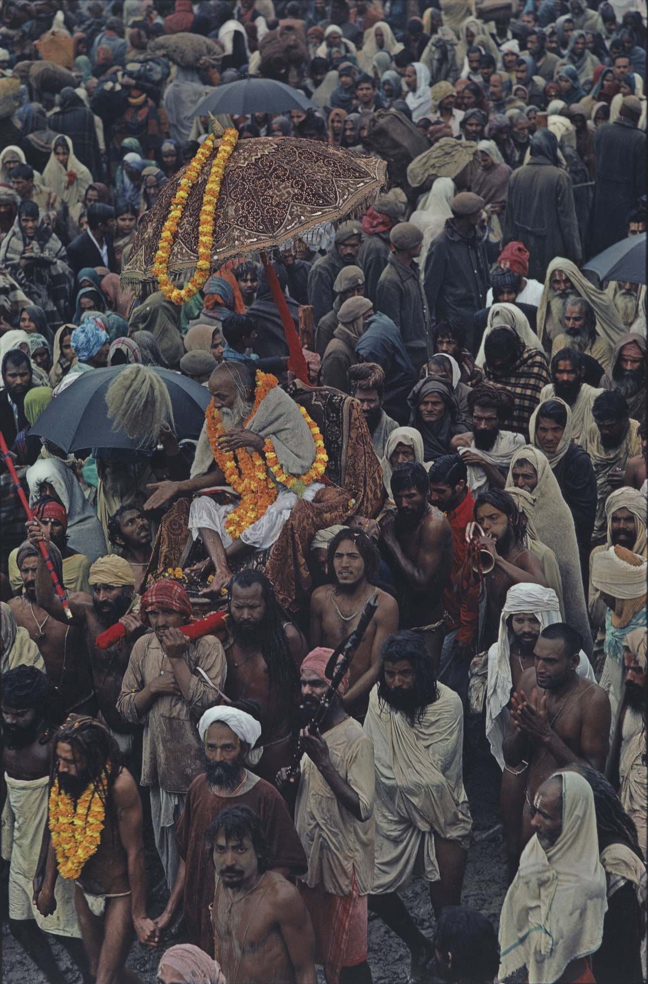 Sadhu (Holy Man) in Palanquin, Kumb Mela, Ganges Bathing Fair, Allahabad, India