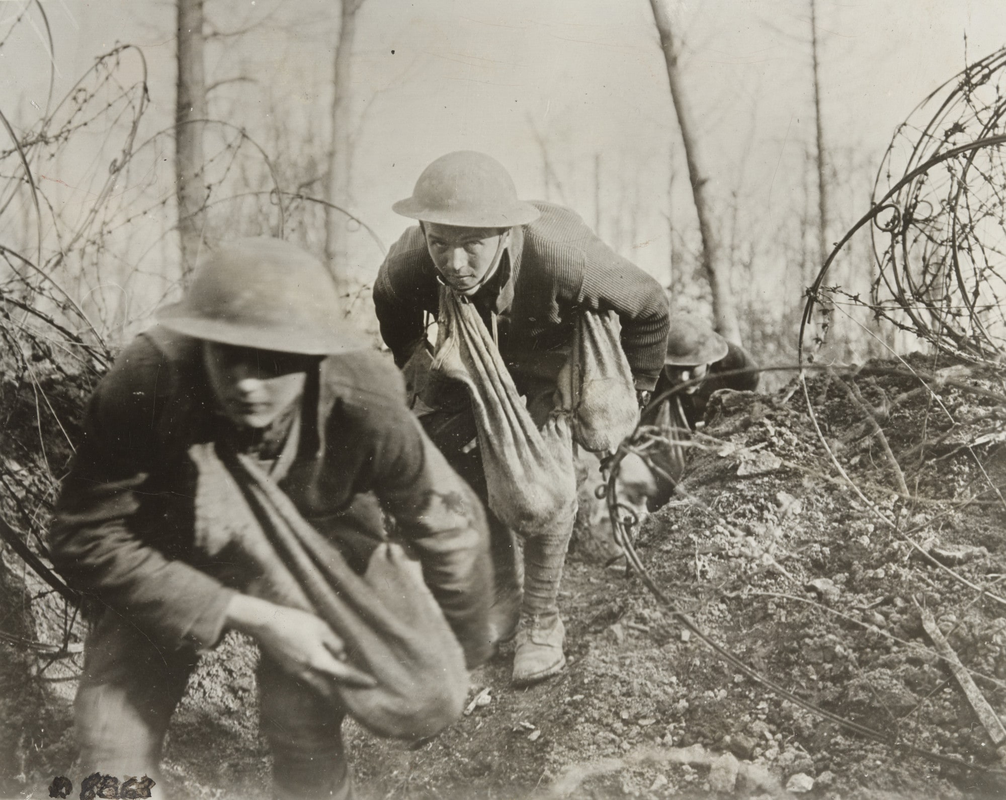 Frenchmen and Americans Advancing into No-Man's Land with Sacks of Hand Grenades, France
