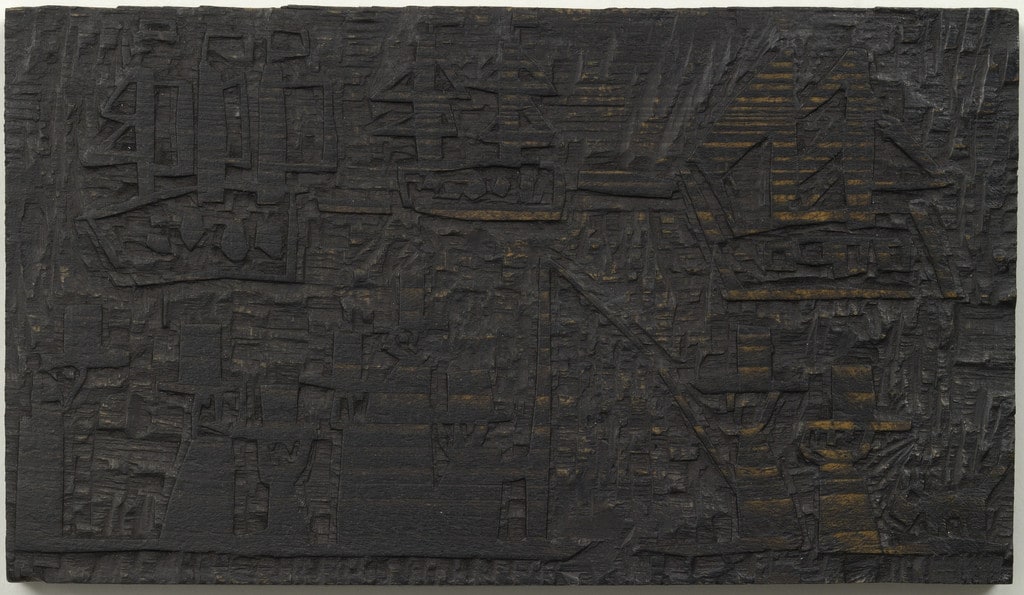 Woodblock for Eight Men in Cylinder Hats and a Dog (Acht Männer mit Zylinderhüten und ein Hund)