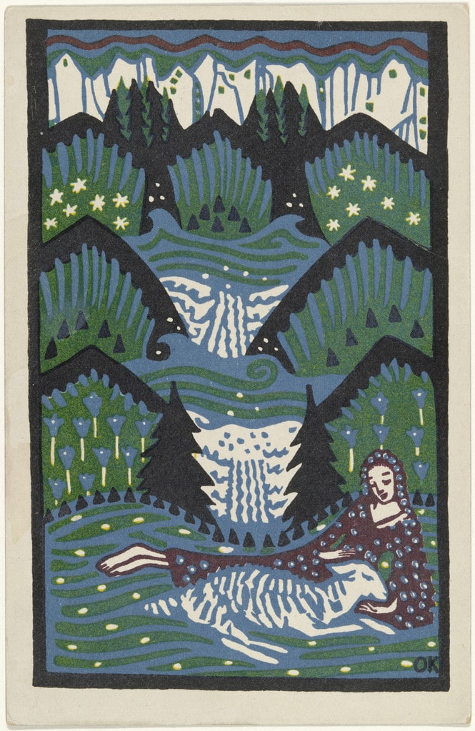 Girl with a Sheep in the Mountain Meadow (Mädchen mit Schaf auf Bergwiese) (postcard)