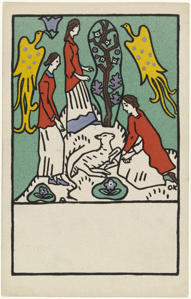 Three Girls, a Lamb and Birds of Paradise (Drei Mädchen, Lamm und Paradiesvögel) (postcard)